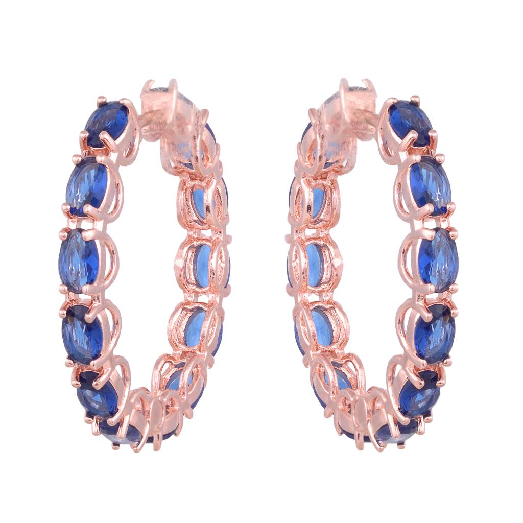 Sapphire Studded Hoops Rose Gold Plated Blue Round Big Earrings : SJER1090