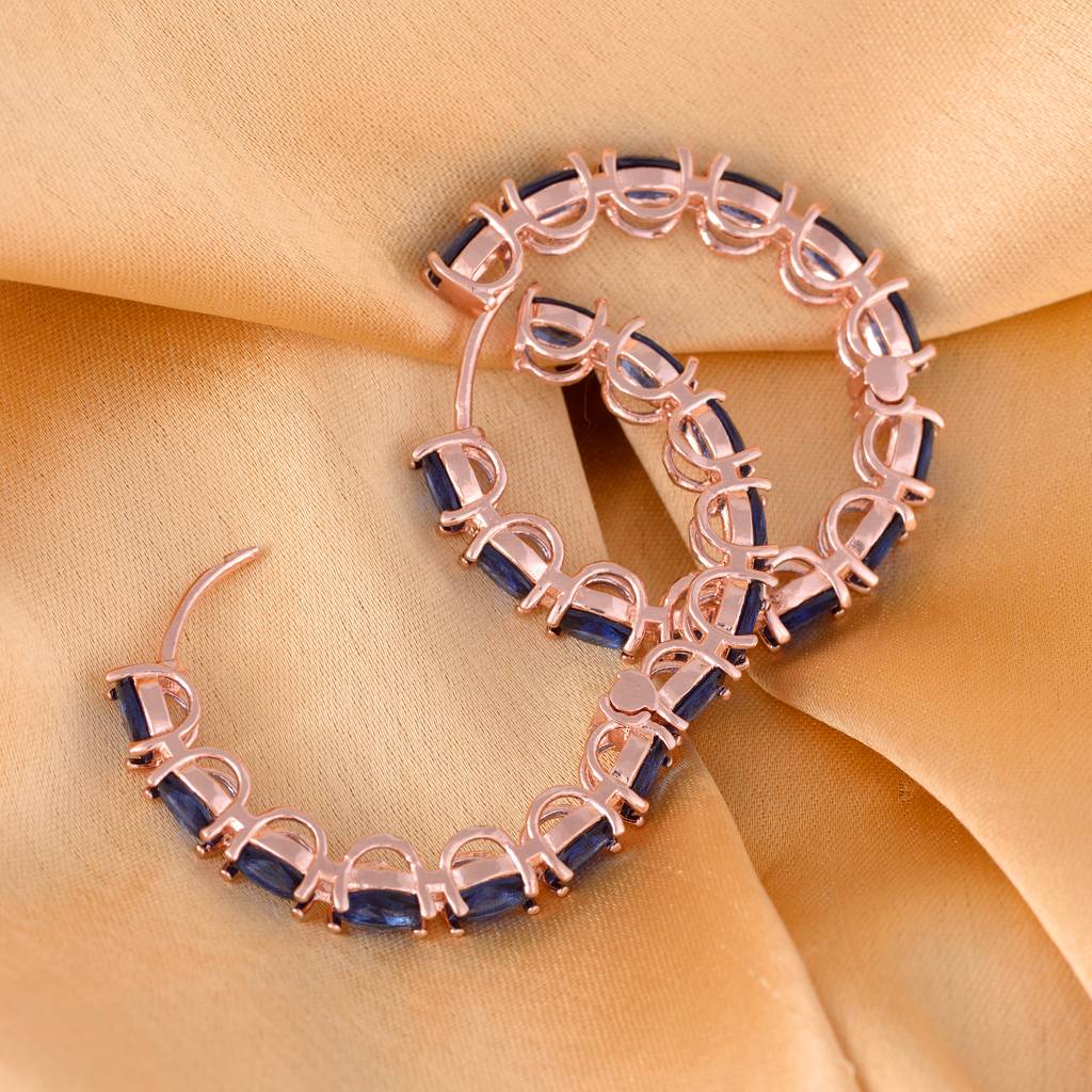 Sapphire Studded Hoops Rose Gold Plated Blue Round Big Earrings : SJER1090
