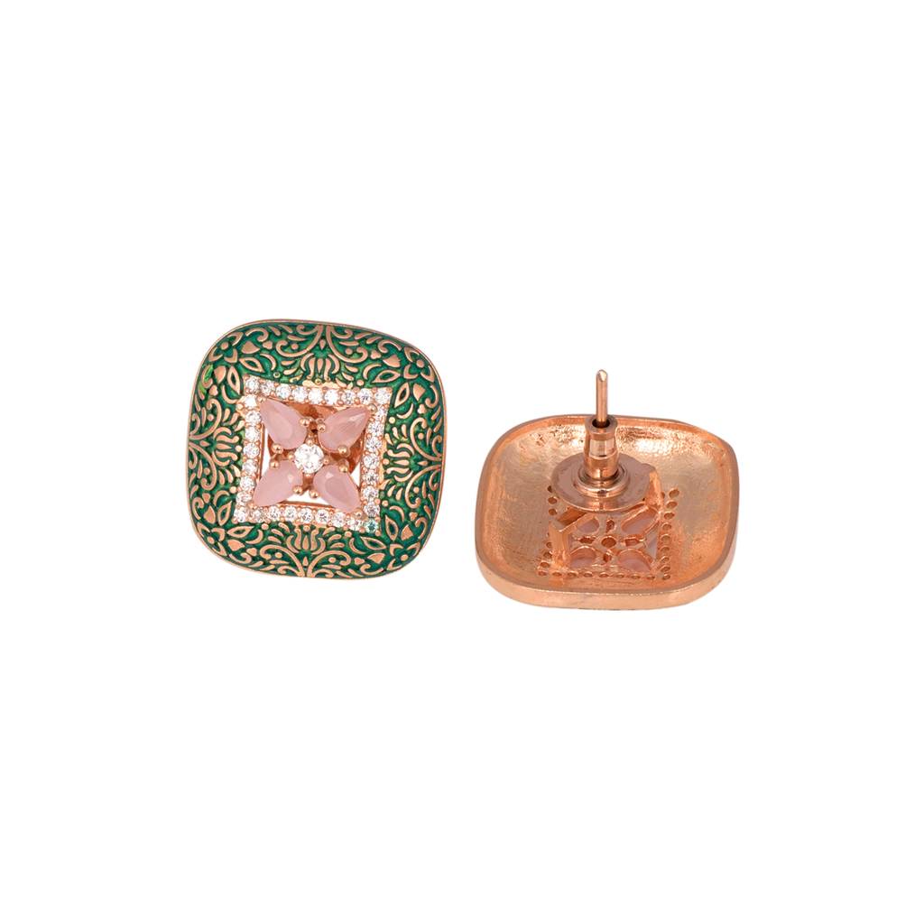 Teal Enamelled Studs Green Meenakari & Pastel Pink Ad Small Earrings : SJER1091