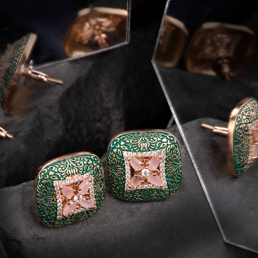 Teal Enamelled Studs Green Meenakari & Pastel Pink Ad Small Earrings : SJER1091
