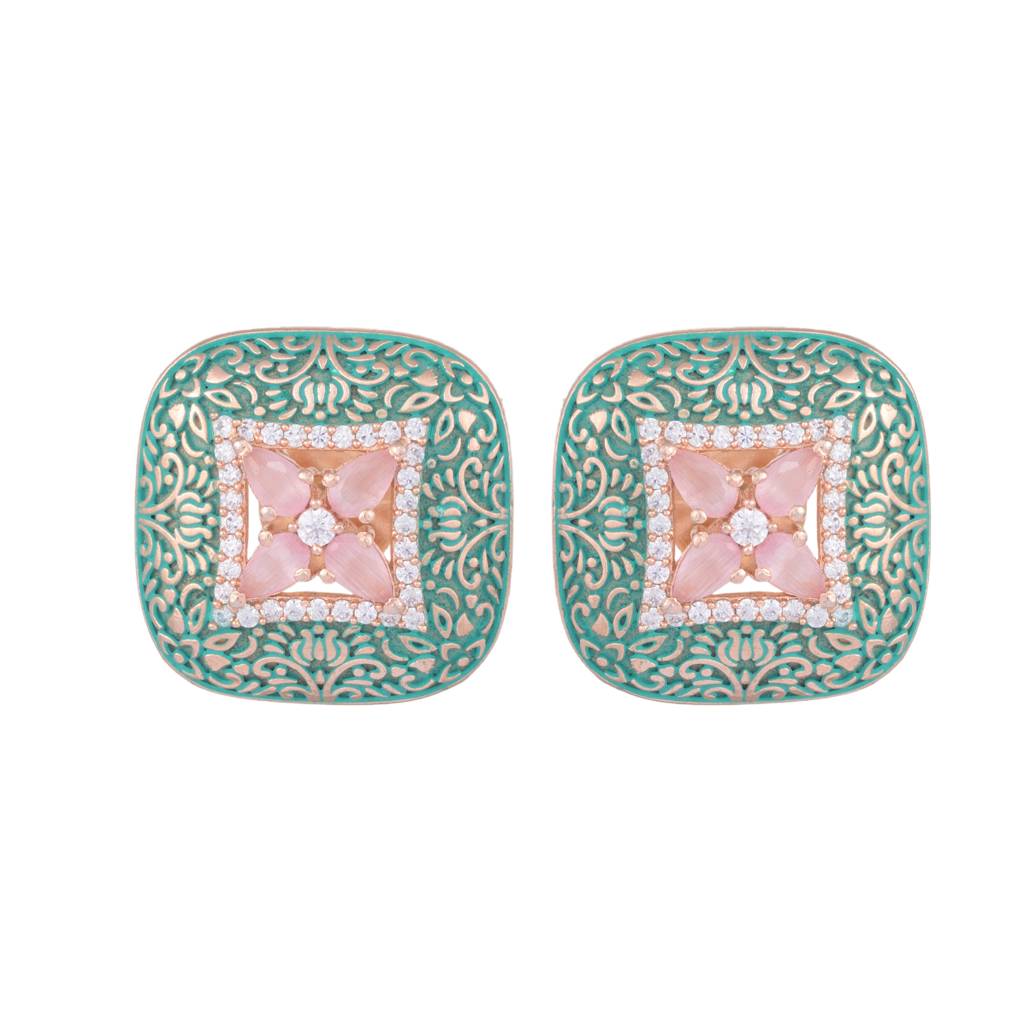 Teal Enamelled Studs Green Meenakari & Pastel Pink Ad Small Earrings : SJER1091