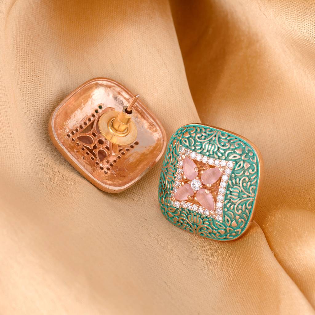 Teal Enamelled Studs Green Meenakari & Pastel Pink Ad Small Earrings : SJER1091