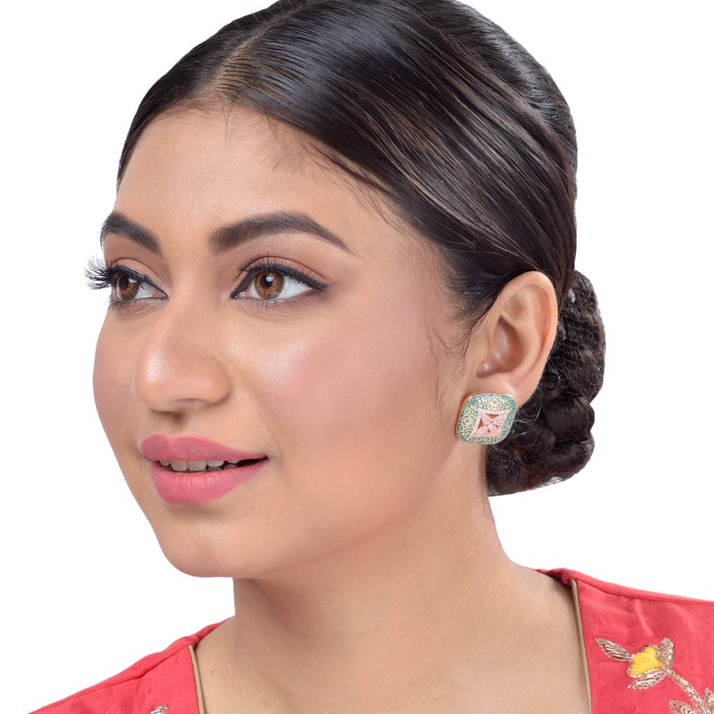 Teal Enamelled Studs Green Meenakari & Pastel Pink Ad Small Earrings : SJER1091