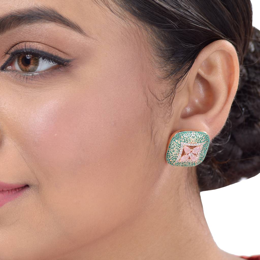 Teal Enamelled Studs Green Meenakari & Pastel Pink Ad Small Earrings : SJER1091