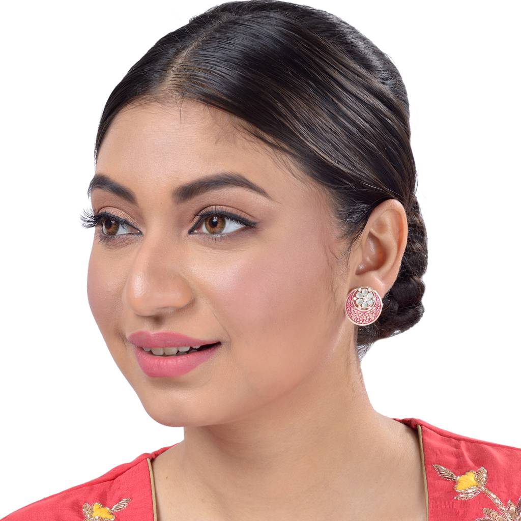 Beautiful Red Enamelled Studs Chandbali Stylesmall Earrings With Blue Diamond Embellishments : SJER1092