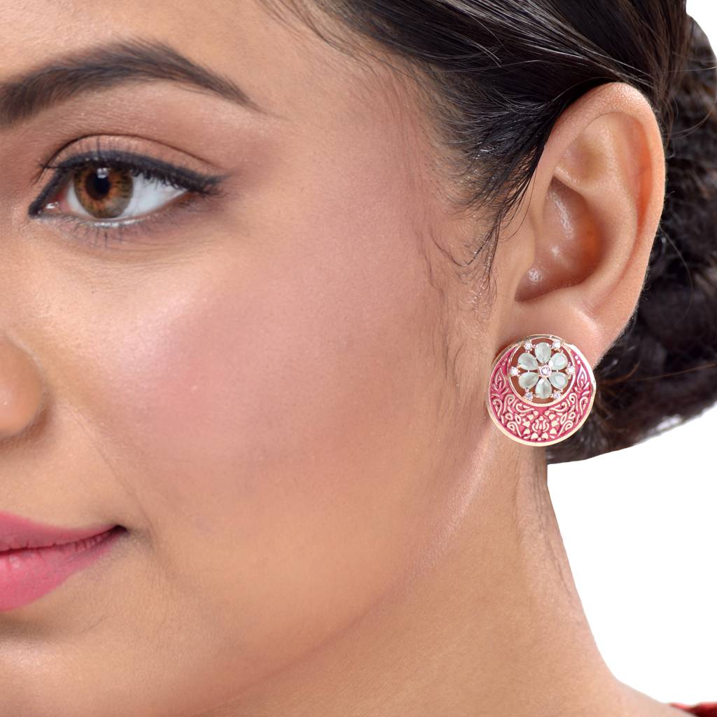 Beautiful Red Enamelled Studs Chandbali Stylesmall Earrings With Blue Diamond Embellishments : SJER1092