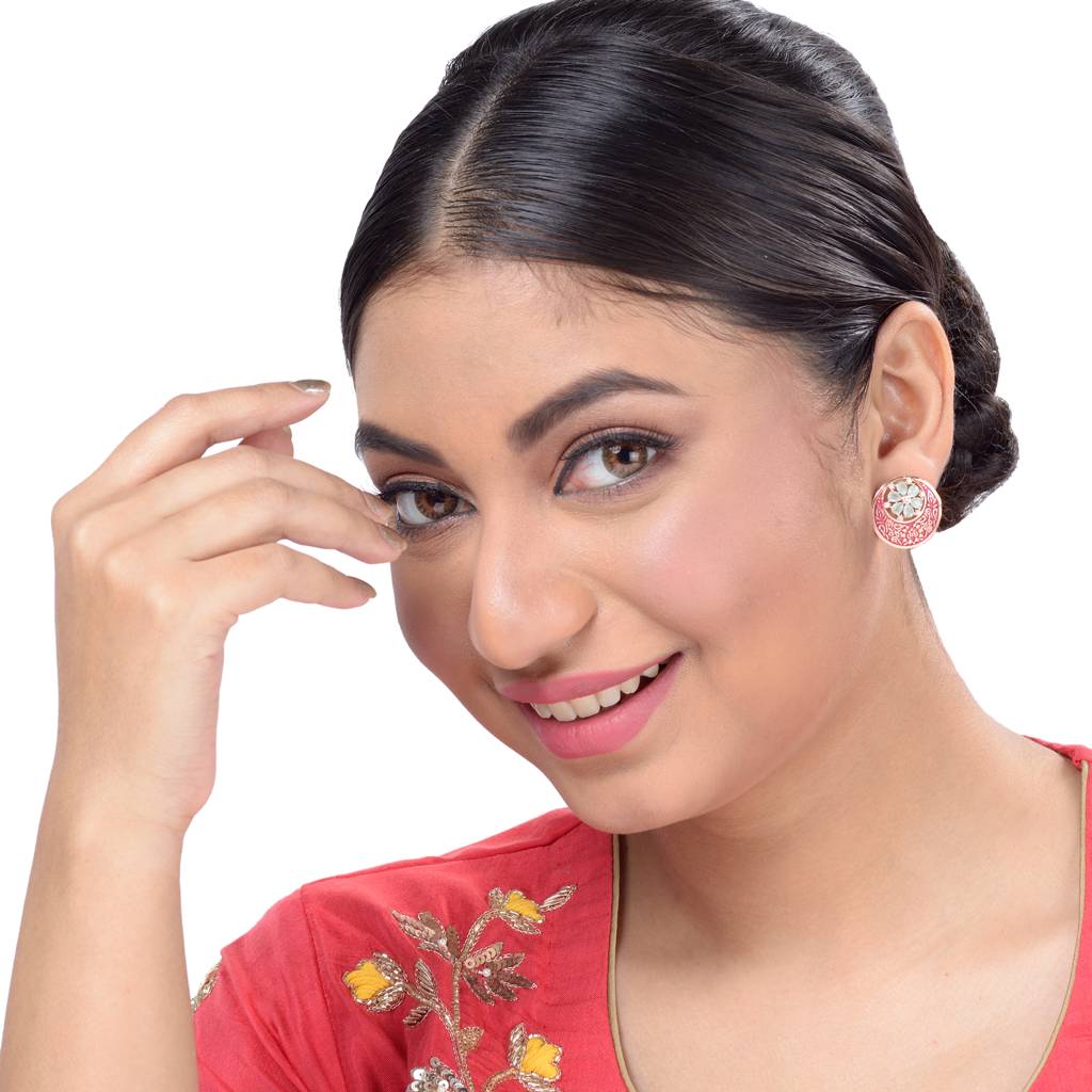Beautiful Red Enamelled Studs Chandbali Stylesmall Earrings With Blue Diamond Embellishments : SJER1092
