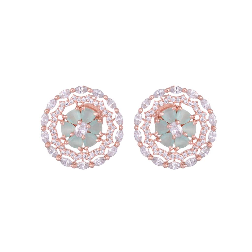 Stunning Pastel Blue Studs Amercan Diamond Studded Rose Gold Plated Small Earrings : SJER1094
