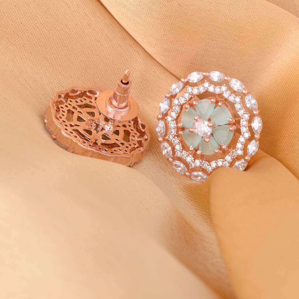 Stunning Pastel Blue Studs Amercan Diamond Studded Rose Gold Plated Small Earrings : SJER1094