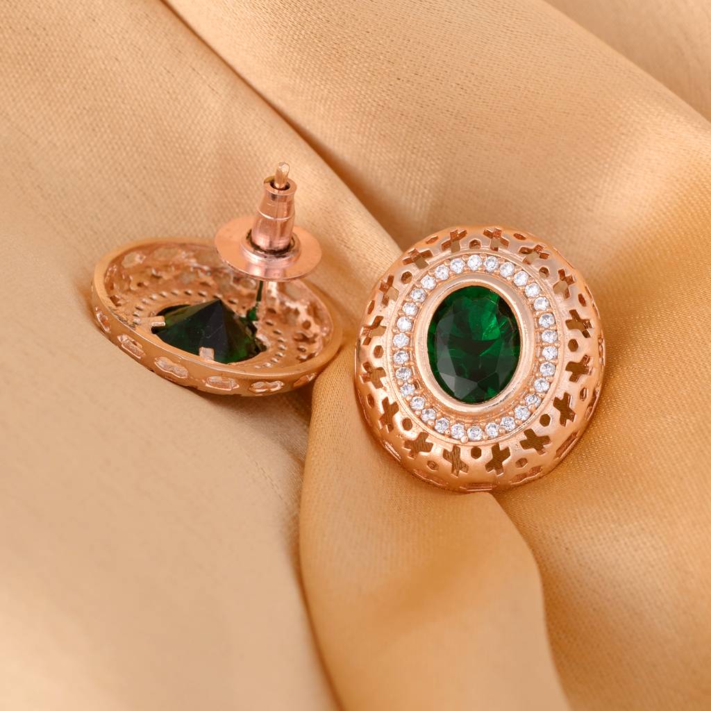 Royal Emerald Studs Rose Gold Plated Ad Handcrafted Tops Green Small Earrings : SJER1095