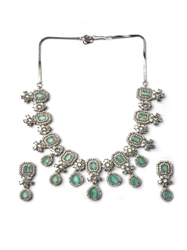 Silver Plated Brass Luxury American Diamond Necklace Set : AD136MINT