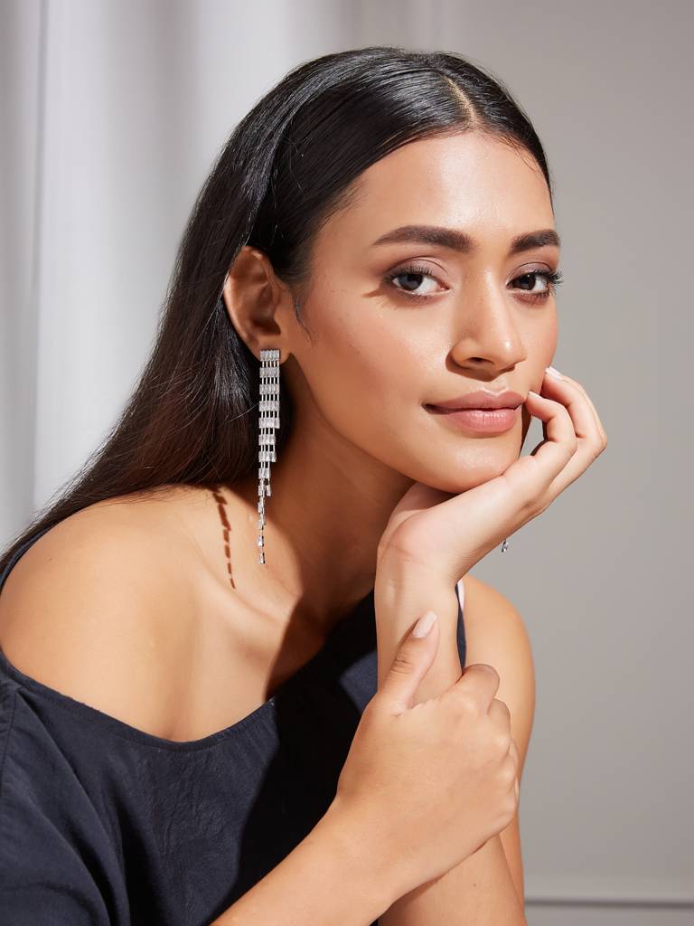 Cz Stone Silver Statement Earrings : YI24A0151E