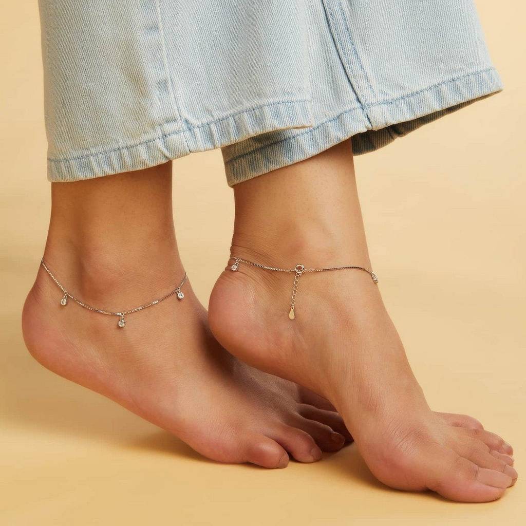 Zavya Drop Rhodium Plated 925 Sterling Silver Anklet : ANK-60104-PAIR
