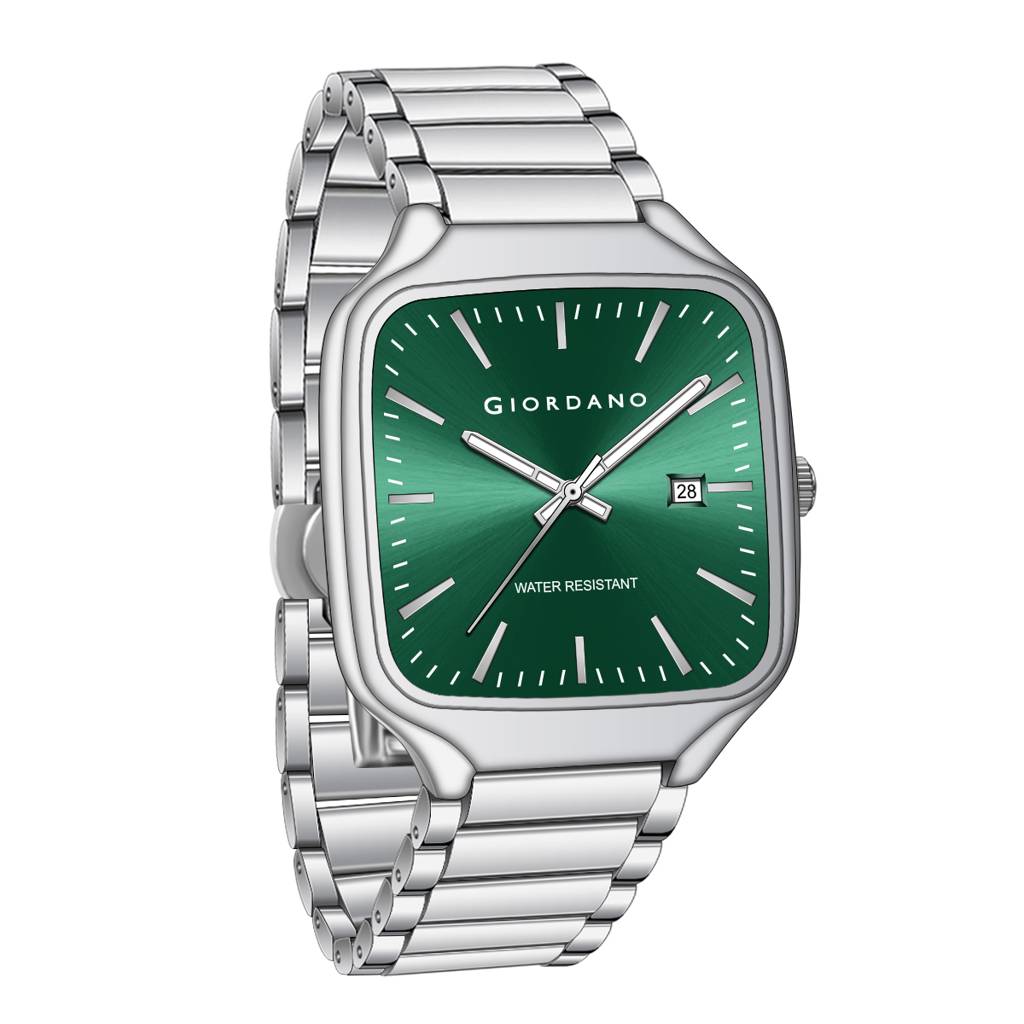 Giordano Analog Watch For Men Â Square Dial, Stainless Steel Strap, Date Display, Water Resistant Classic Dres : GZ-50163-33