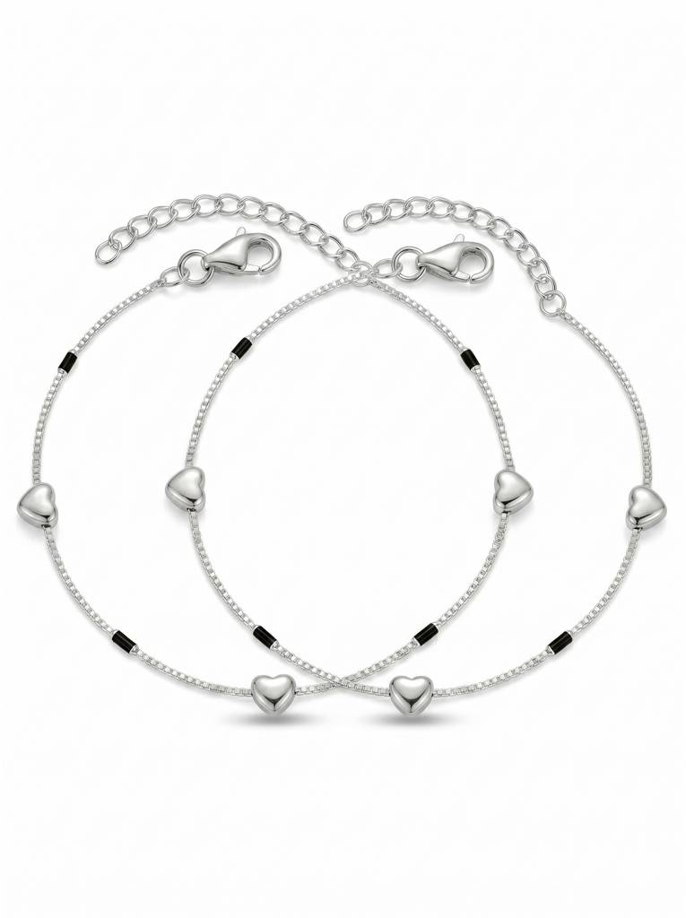 The Amour Silver Heart & Black Bar Box Chain Anklet : AK1121