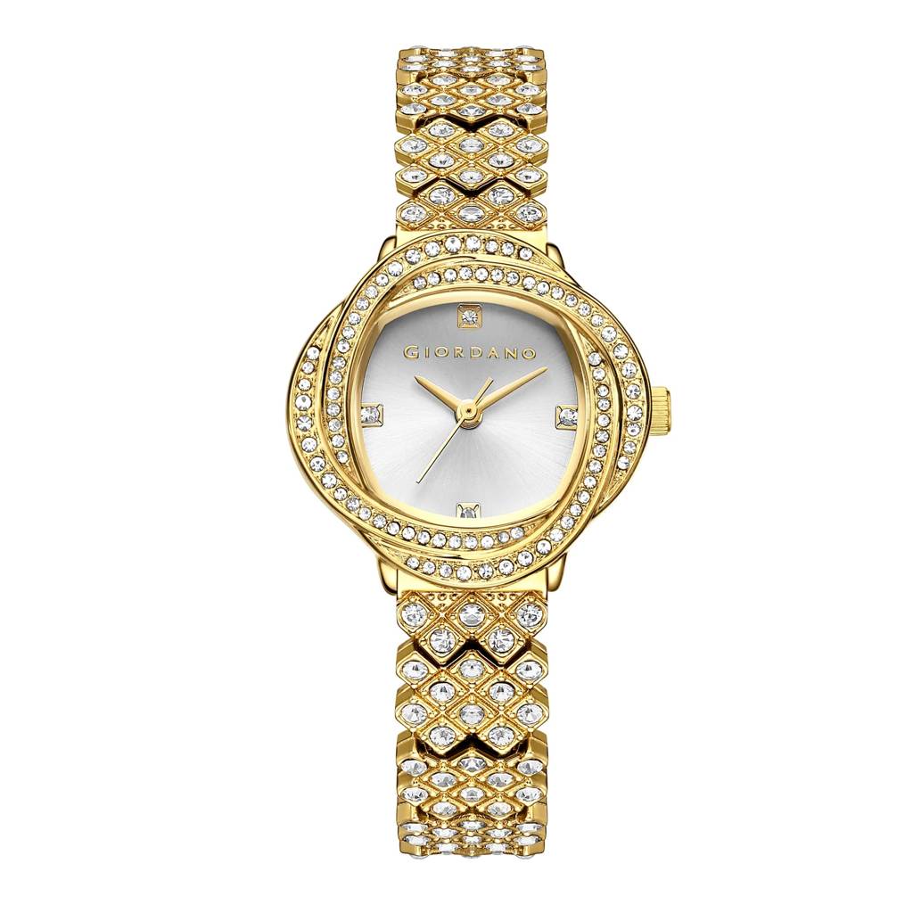 Giordano Luxury Crystal Watch For Women, Stainless Steel Strap, Diamond-Studded Bezel, Elegant Dress Timepiece : GZ-60120-11
