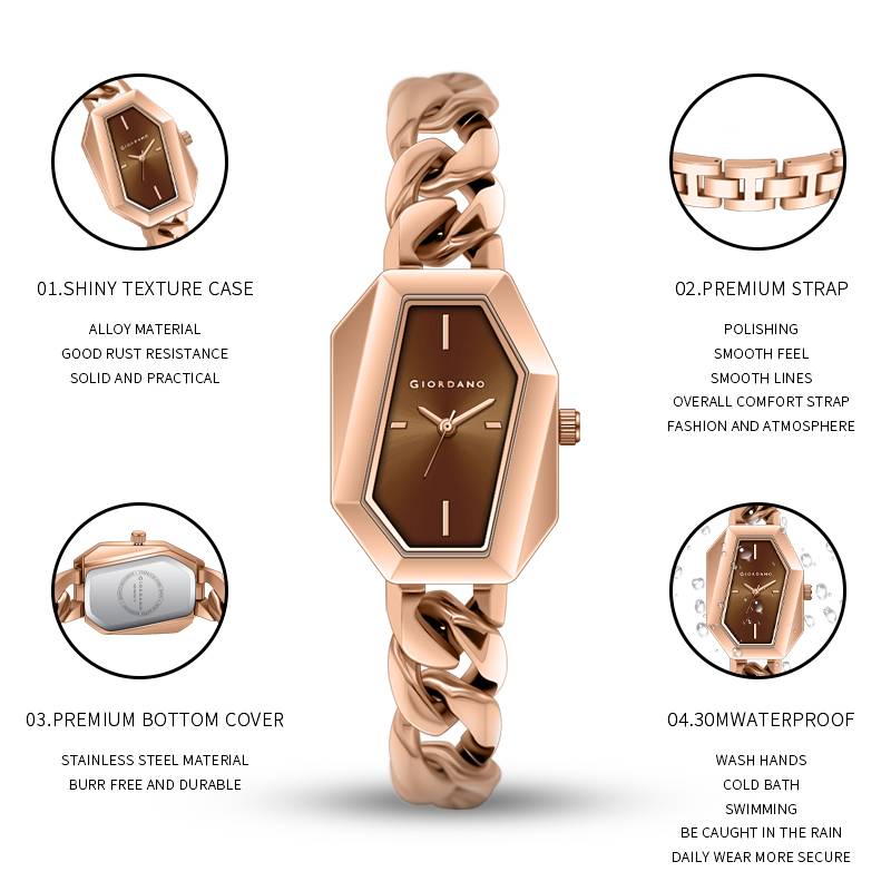 Giordano Stylish Analog Watch For Women Â Hexagon Dial, Trendy Chain Link Stainless Steel Strap, Elegant Dress : GZ-60122-11