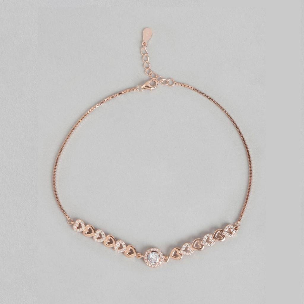 Heart Cubic Zirconia Rose Gold Plated 925 Sterling Silver Anklet : ANK-60329-PAIR-RG