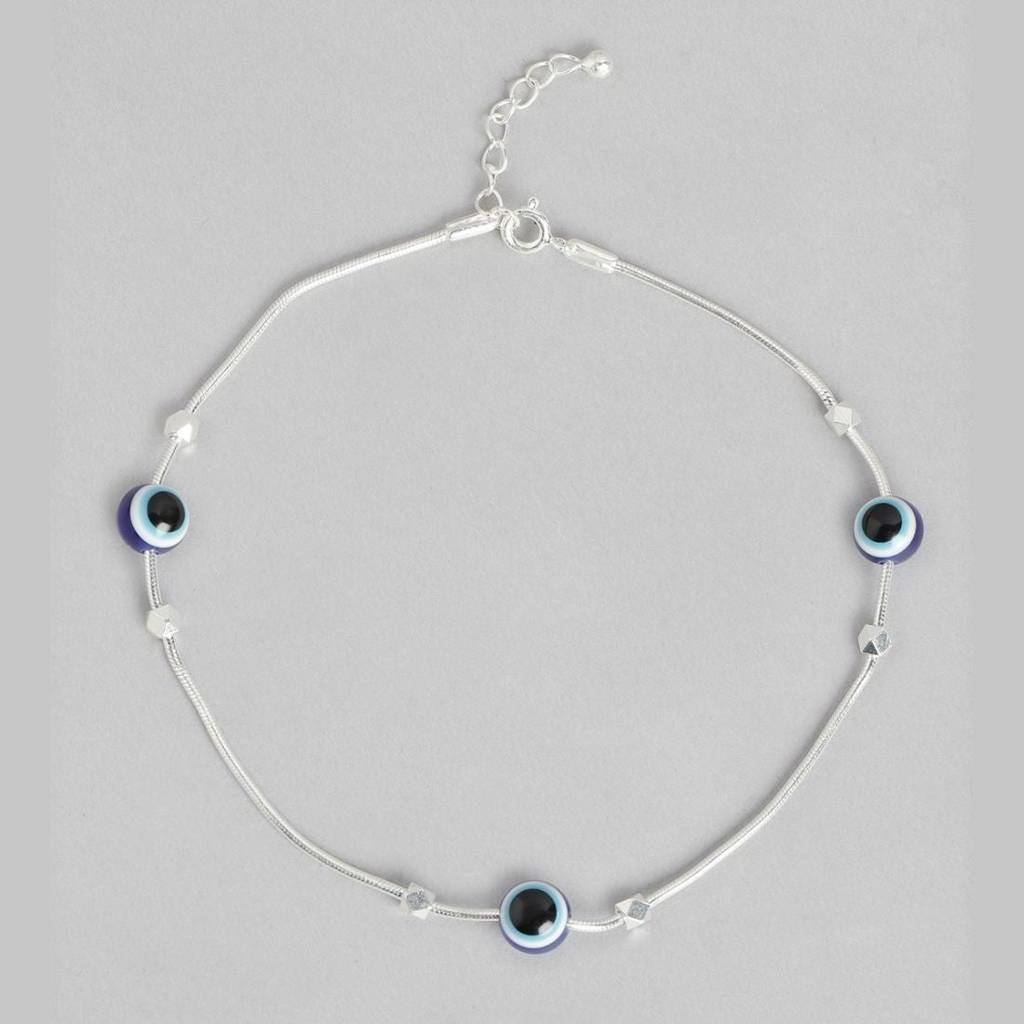 Evil Eye Beaded Rhodium Plated 925 Sterling Silver Chain Anklet : ANK-60194-PAIR
