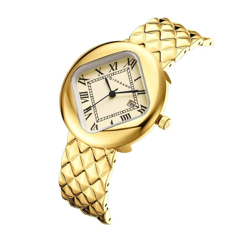 Giordano Elegant Analoge Watch For Women - Unique Rounded-Square Dial, Roman Numeral Dial, Date Display And Text : GZ-60121-33