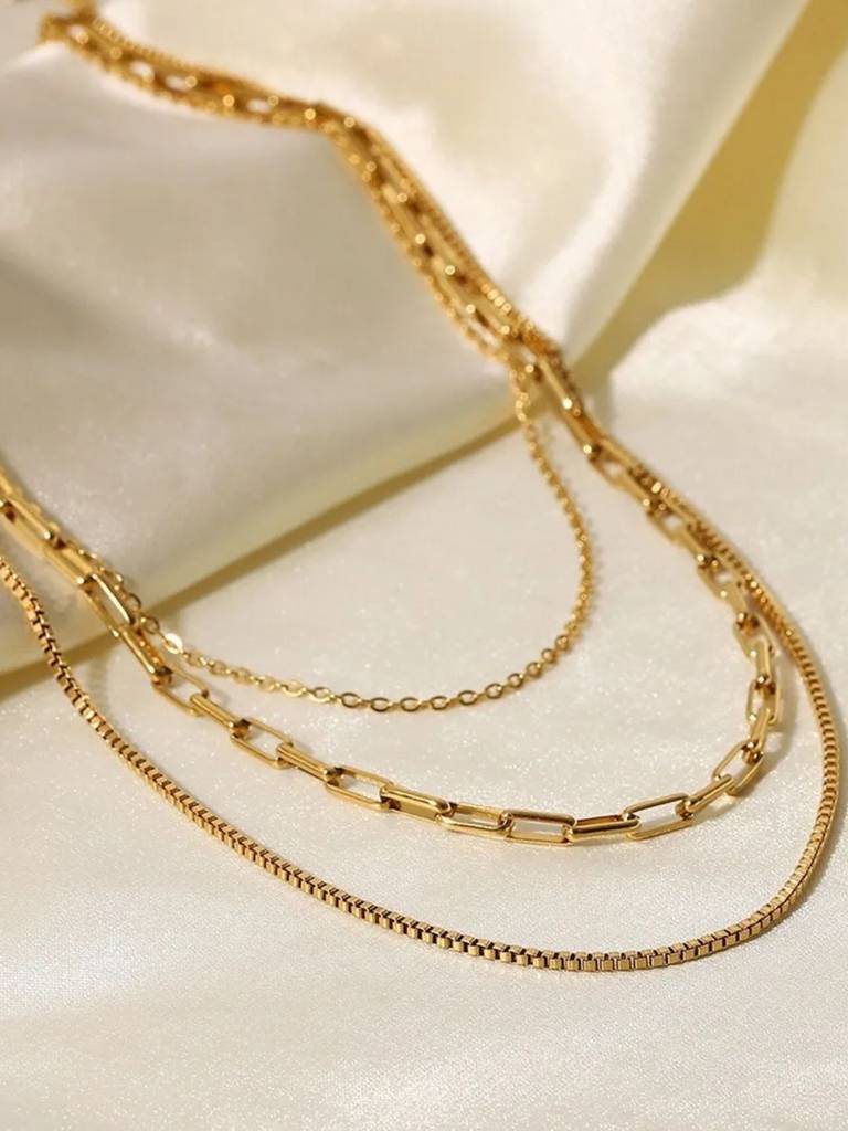 18Kt Gold Plated Triple Layered Snake Paperclip Necklace, Hailey : INHAILEY