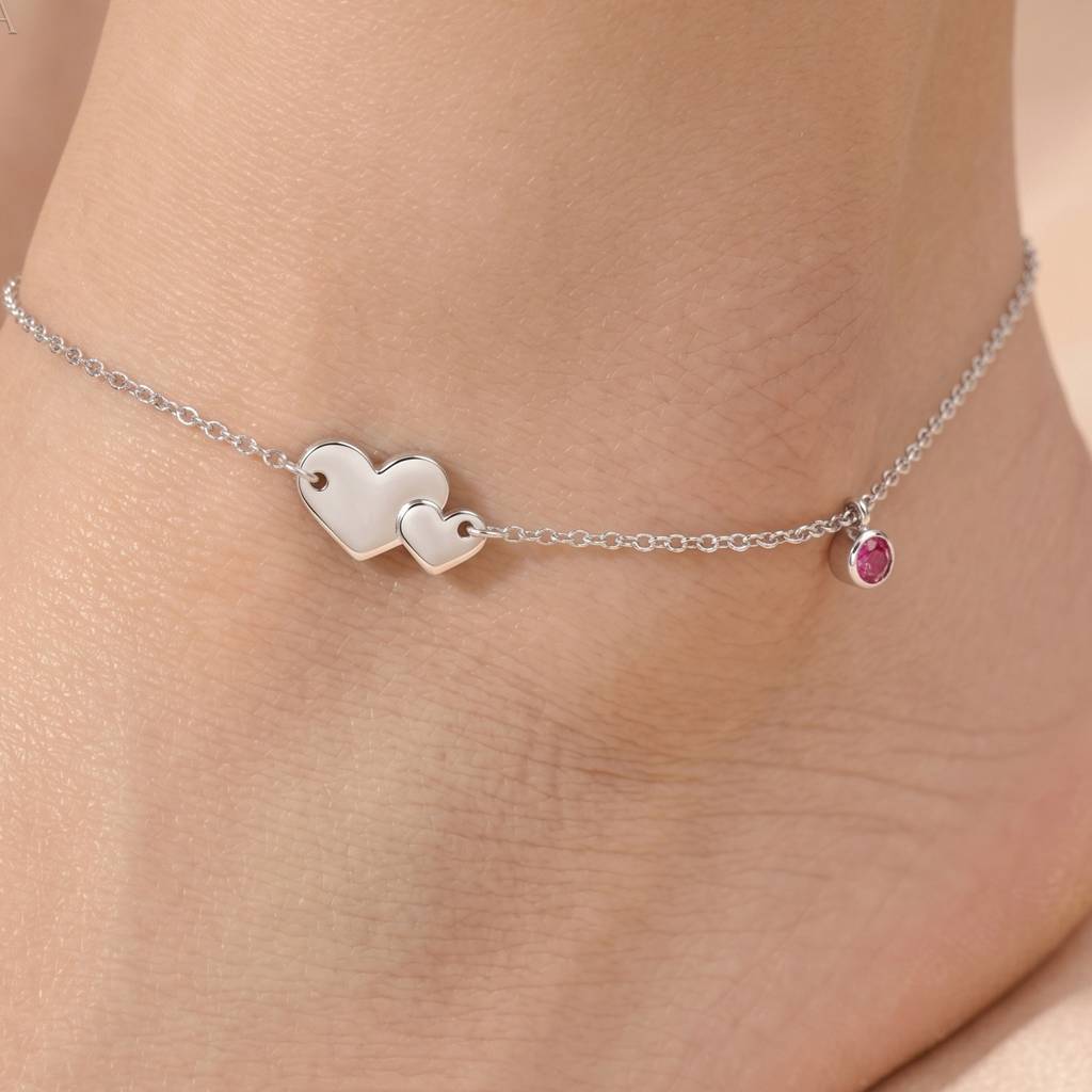 The Amour Bond Double Heart & Amethyst-Hued Silver Anklet : AK1136