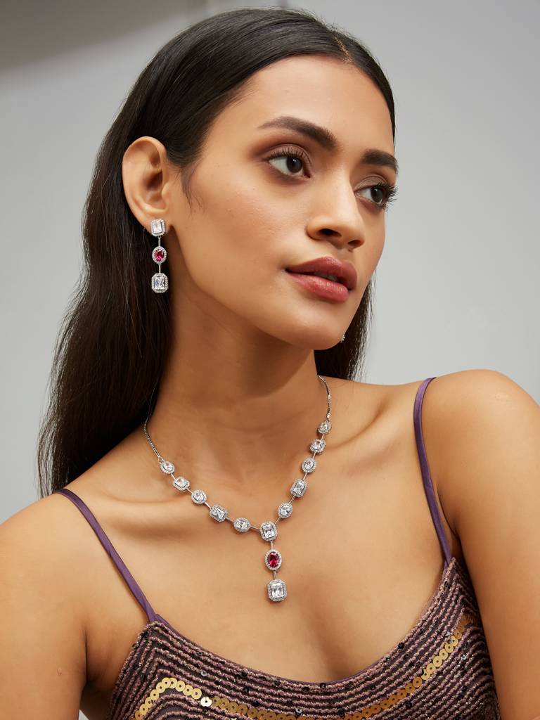 Cz Solitaire Ruby Necklace Set : YI24A0093N