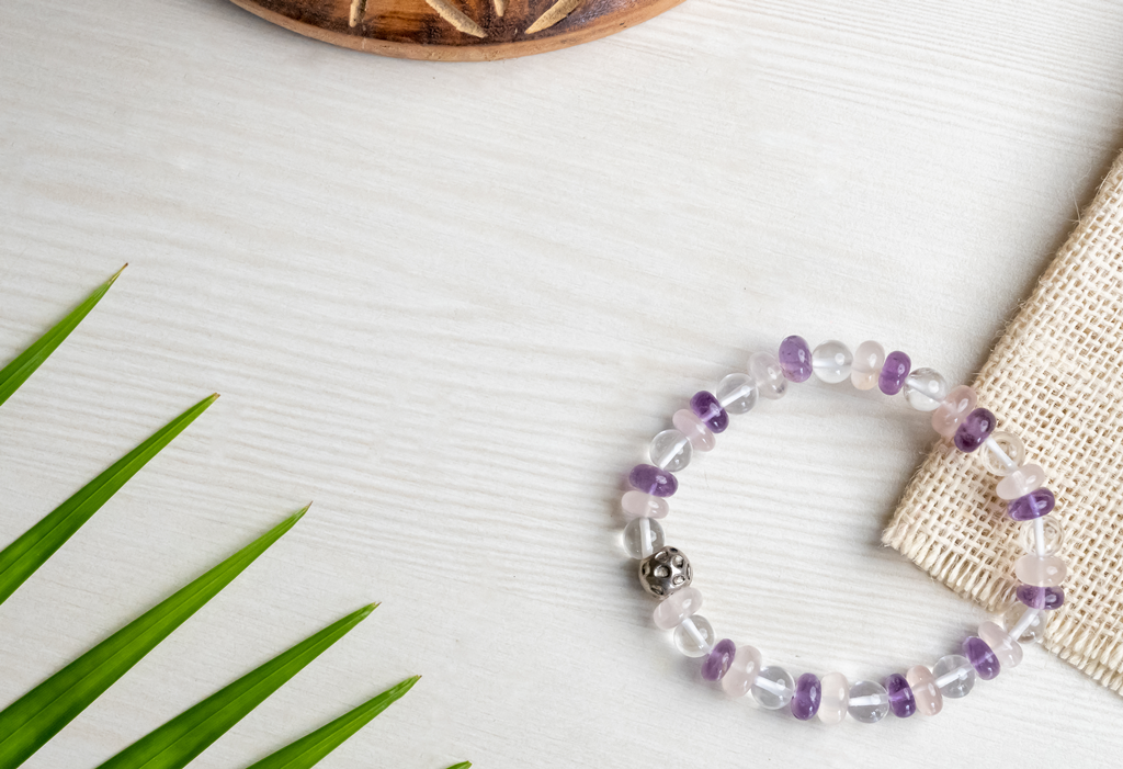 Amethyst, Rose Quartz And Clear Quartz Healing Gemstone Bracelet : AMETHYST-ROSEQ-CLEARQ-BRACELET