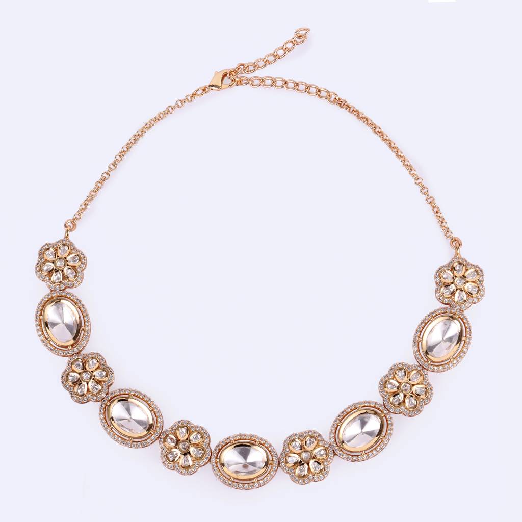 Charming Flower And Circle Shape Uncut Kundan Stone 18 Kt Gold Plated Brass Choker Necklace Set For Women And Girls : 10NS415