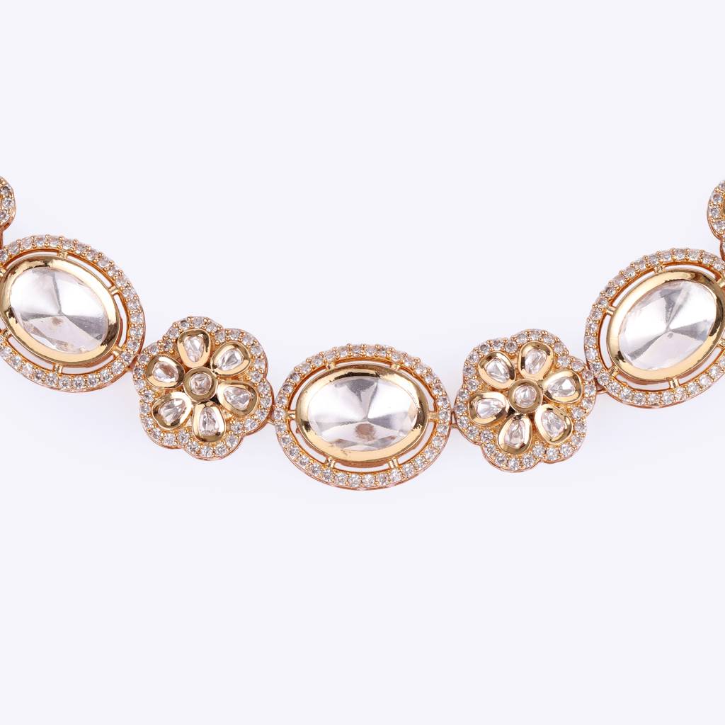 Charming Flower And Circle Shape Uncut Kundan Stone 18 Kt Gold Plated Brass Choker Necklace Set For Women And Girls : 10NS415