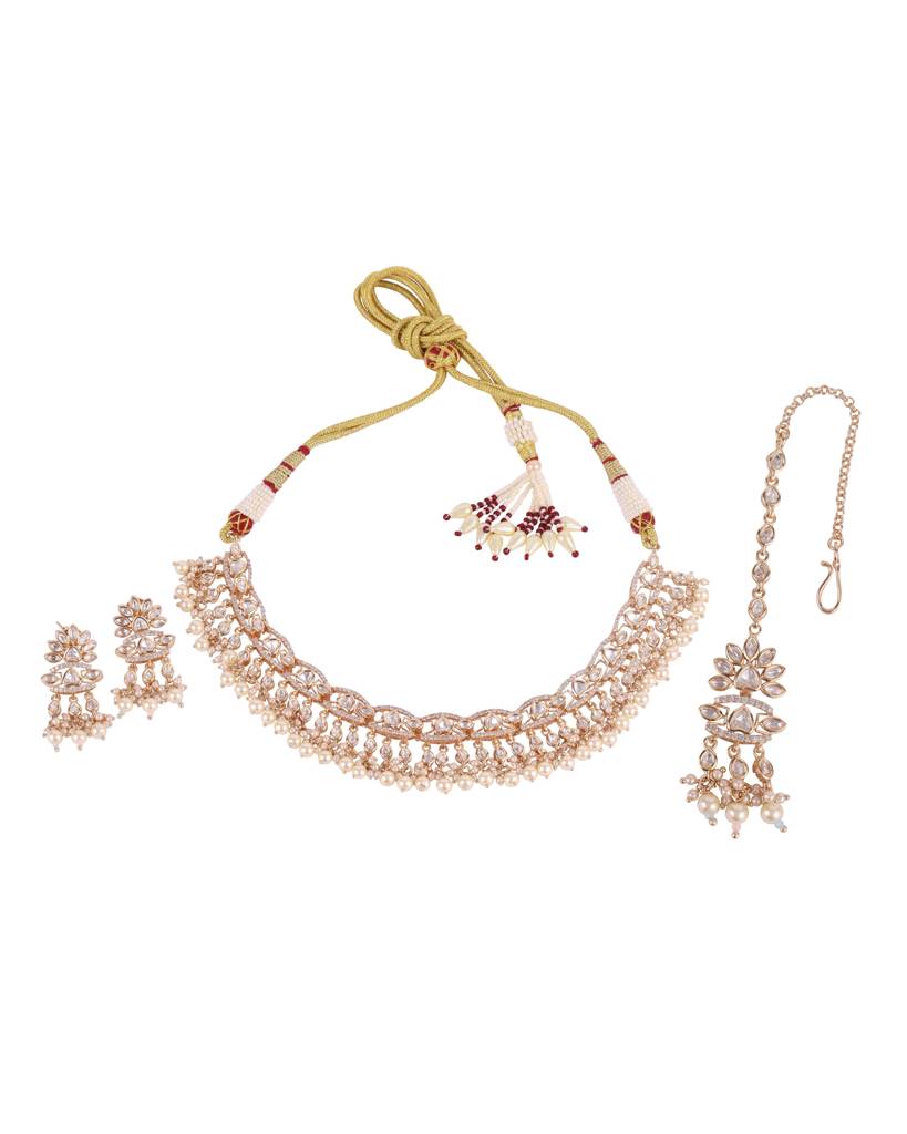 Glimmery Cz Studded Latkan Pearl Uncut Kundan Stone Rose Gold Plated Brass Choker Necklace Set With Maang Tikkka For : 10NS517