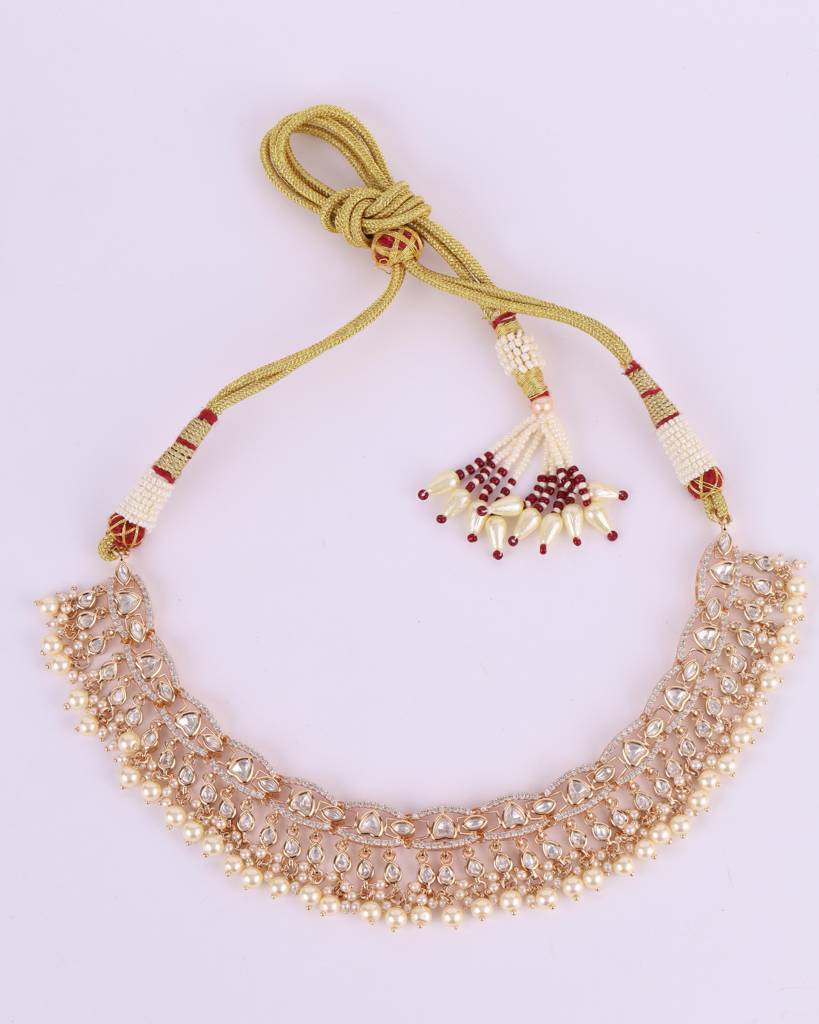 Glimmery Cz Studded Latkan Pearl Uncut Kundan Stone Rose Gold Plated Brass Choker Necklace Set With Maang Tikkka For : 10NS517