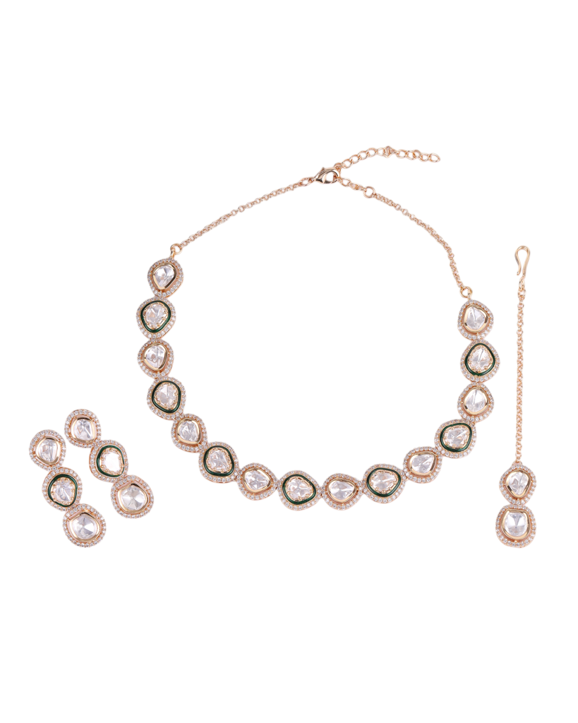 Modern Circle Shape Cz Studded Uncut Kundan Stone Rose Gold Plated Brass Choker Necklace Set With Maang Tikkka For W : 10NS697
