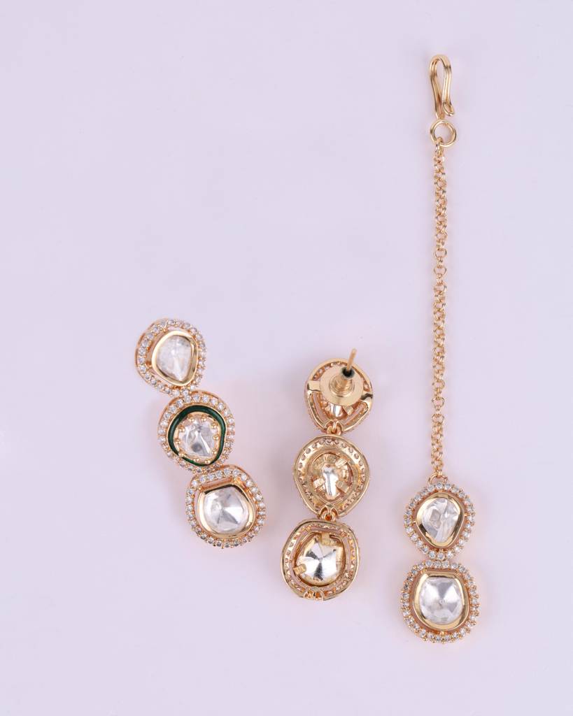 Modern Circle Shape Cz Studded Uncut Kundan Stone Rose Gold Plated Brass Choker Necklace Set With Maang Tikkka For W : 10NS697