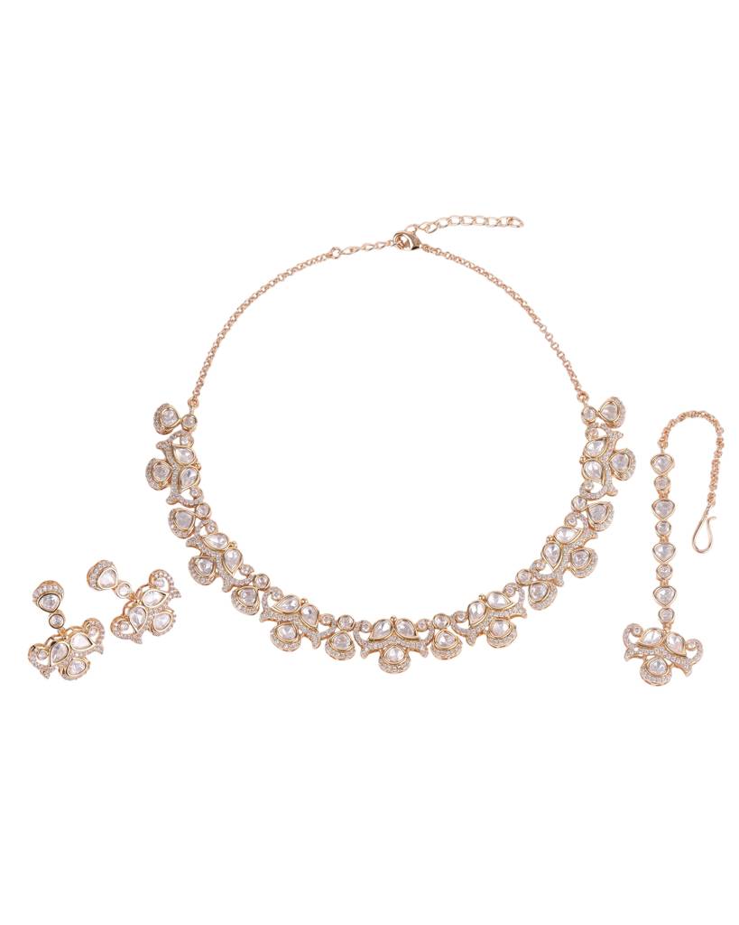 Splendid Round And Paisley Shape Cz Studded Uncut Kundan Stone Rose Gold Plated Brass Choker Necklace Set With Maang : 10NS723