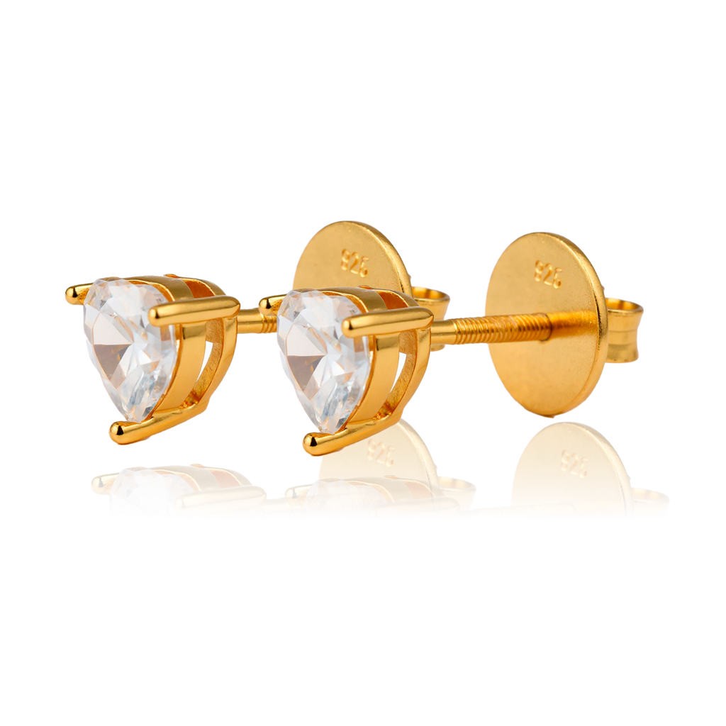 925 Sterling Silver Gold Plated Heart-Shaped Cubic Zirconia Screw Back Stud Earrings : RJSPER65
