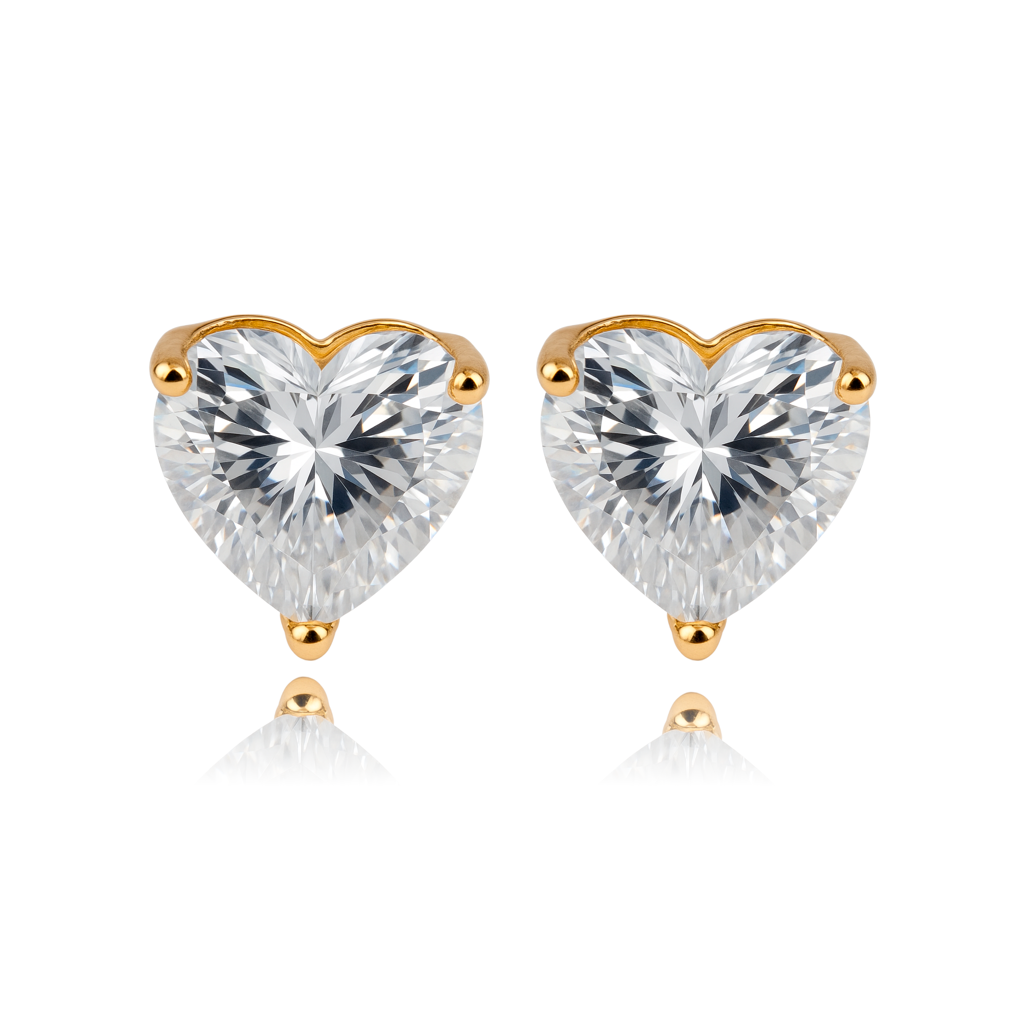925 Sterling Silver Gold Plated Heart-Shaped Cubic Zirconia Screw Back Stud Earrings : RJSPER65