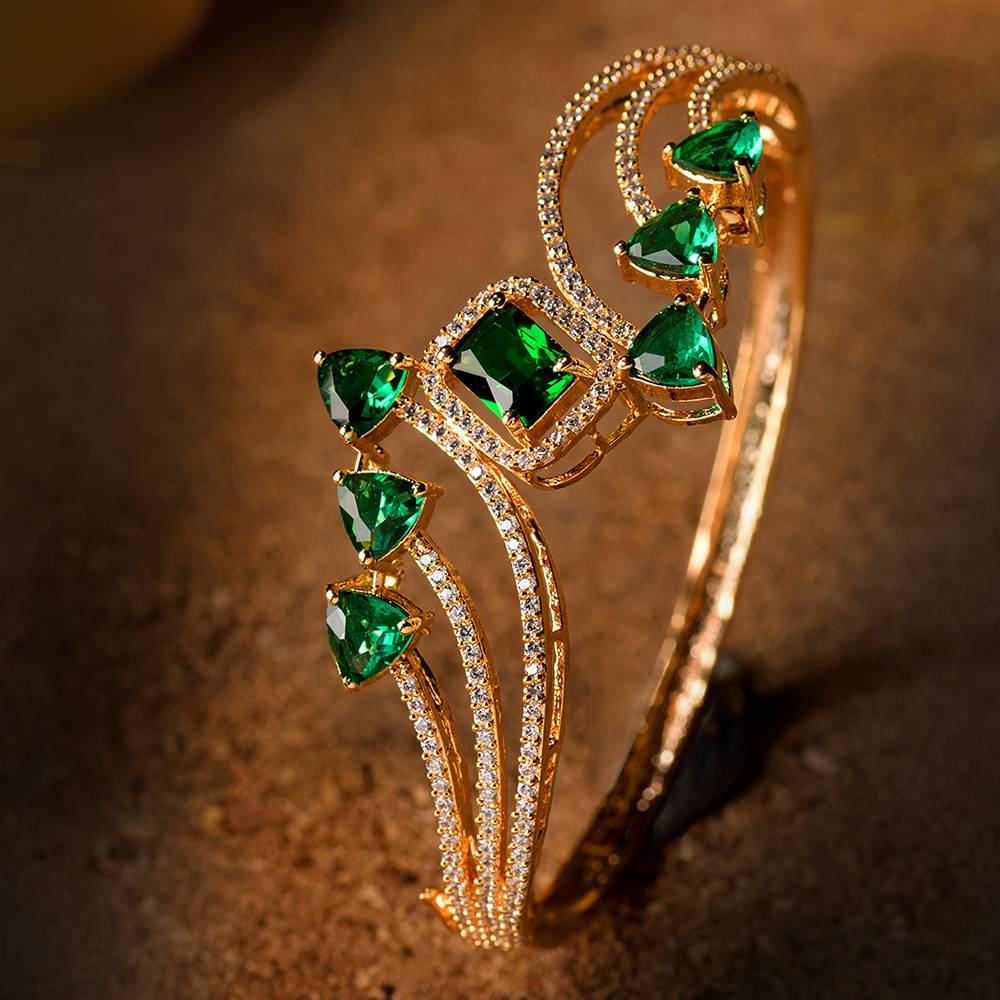Saraf Jewellery, Gold Plated With Green American Diamond Studded Handcrafted Stylish Bracelet For Women & Girls : SJBR1103