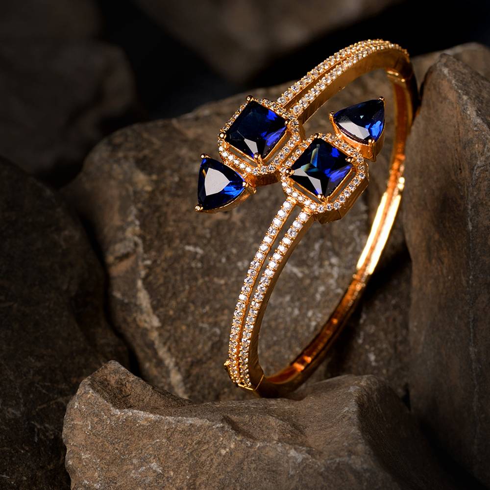 Saraf Jewellery, Gold Plated With Blue American Diamond Studded Handcrafted Stylish Bracelet For Women & Girl : SJBR1105