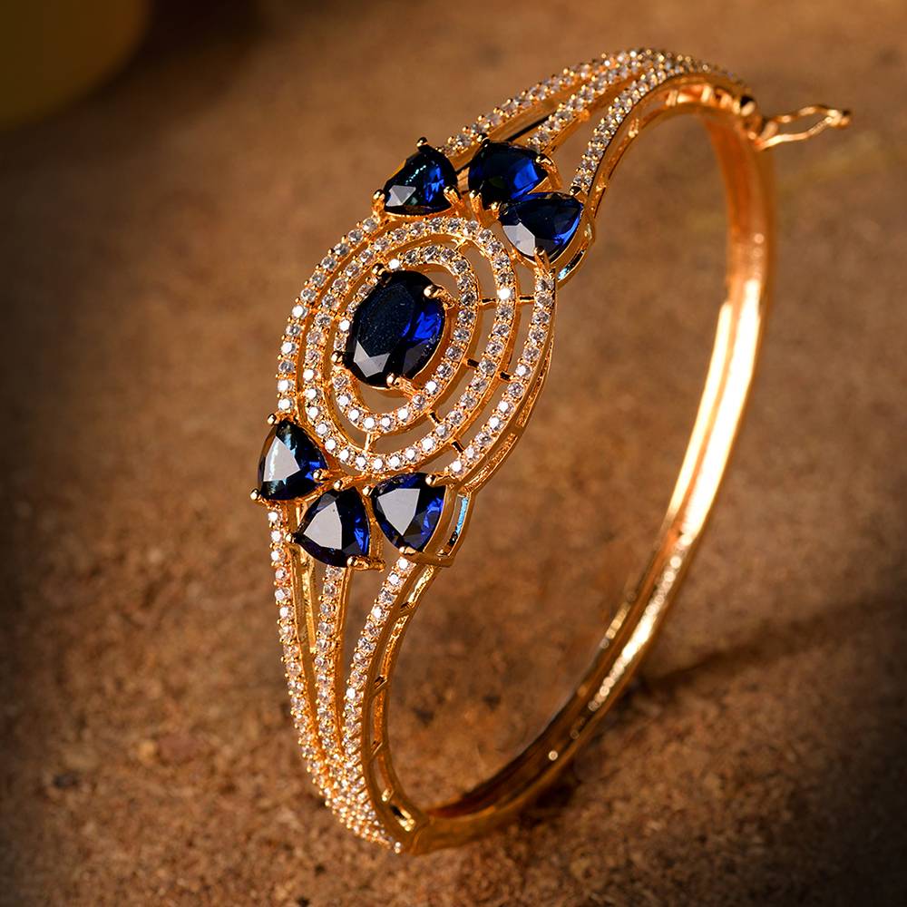 Saraf Jewellery, Gold Plated With Blue American Diamond Studded Handcrafted Designer Bracelet For Women & Girls : SJBR1108