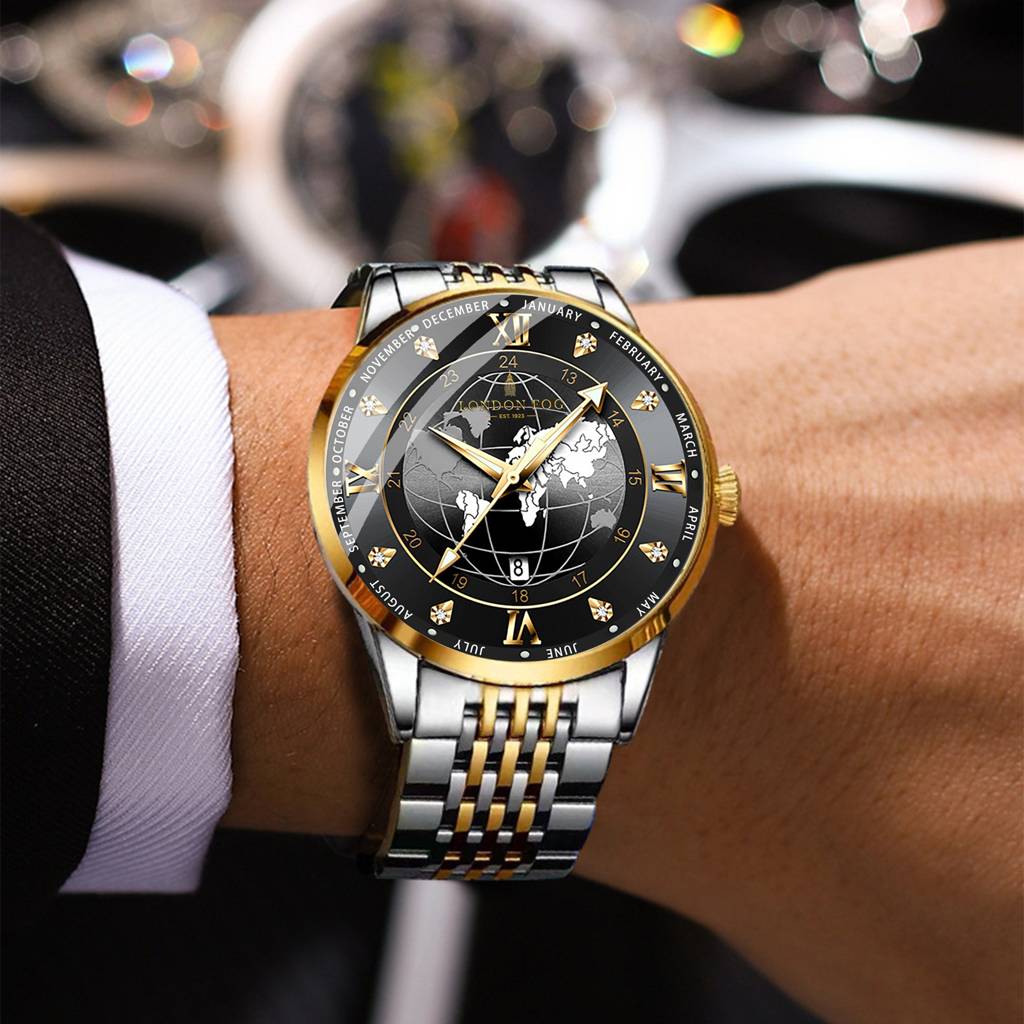 Baker Collection Analog Quartz Watch For Men With Stainless Steel Strap, Luminous Hands And World Map Dial Design : LFM10009-44