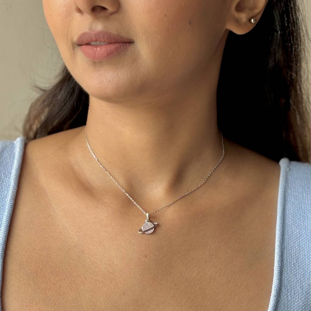 Saturn Planet: 92.5 Silver & Pink Necklace : 1117NK