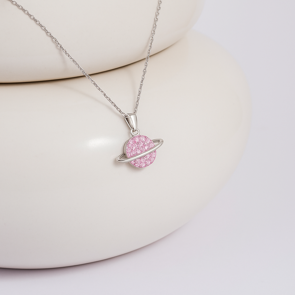 Saturn Planet: Silver Pink Necklace Saturn Planet:
