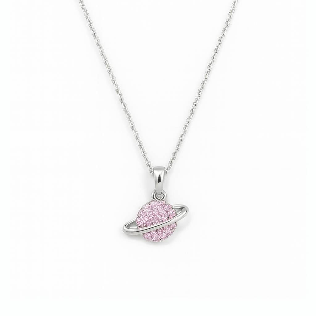 Saturn Planet: 92.5 Silver & Pink Necklace : 1117NK