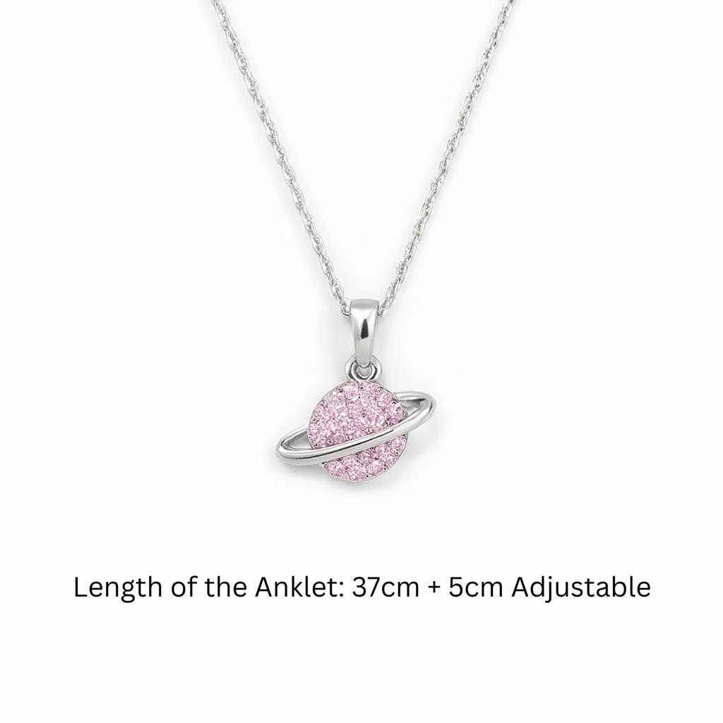 Saturn Planet: 92.5 Silver & Pink Necklace : 1117NK