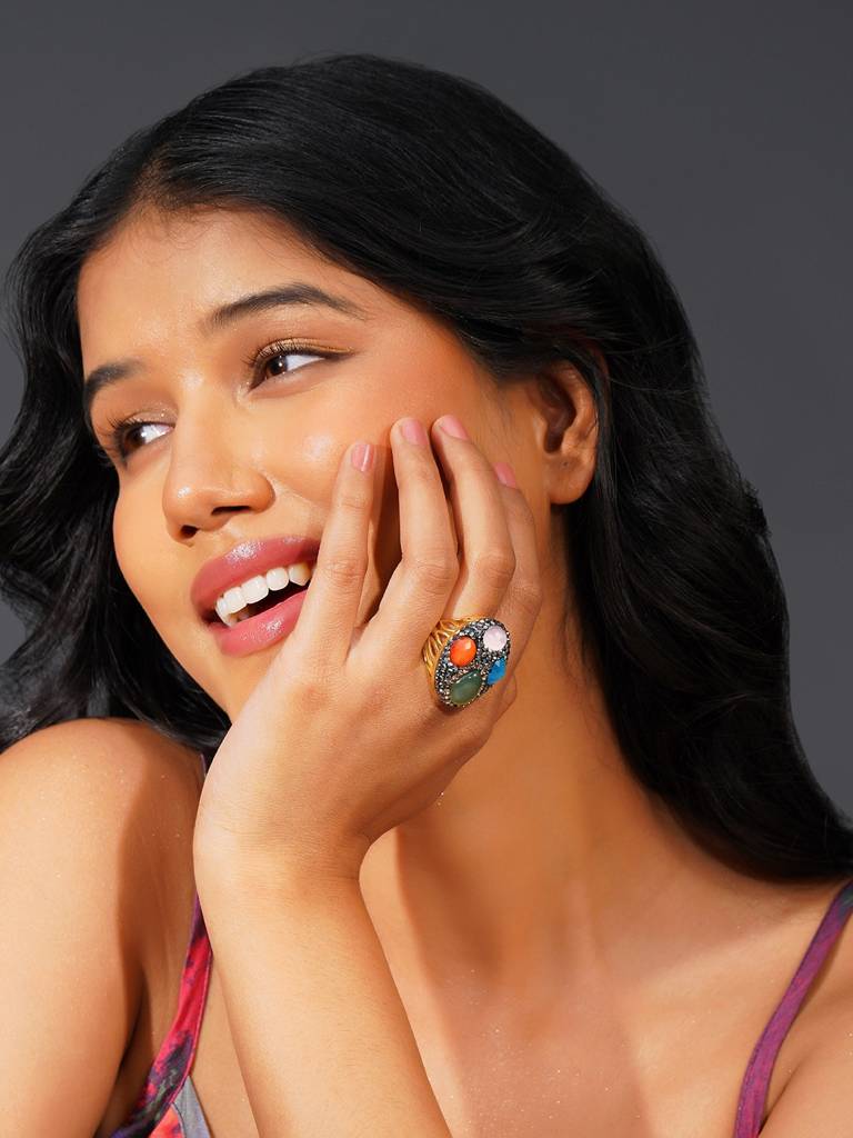 Gold Stainless Steel Multi-Stone Statement Ring : 0070-DR