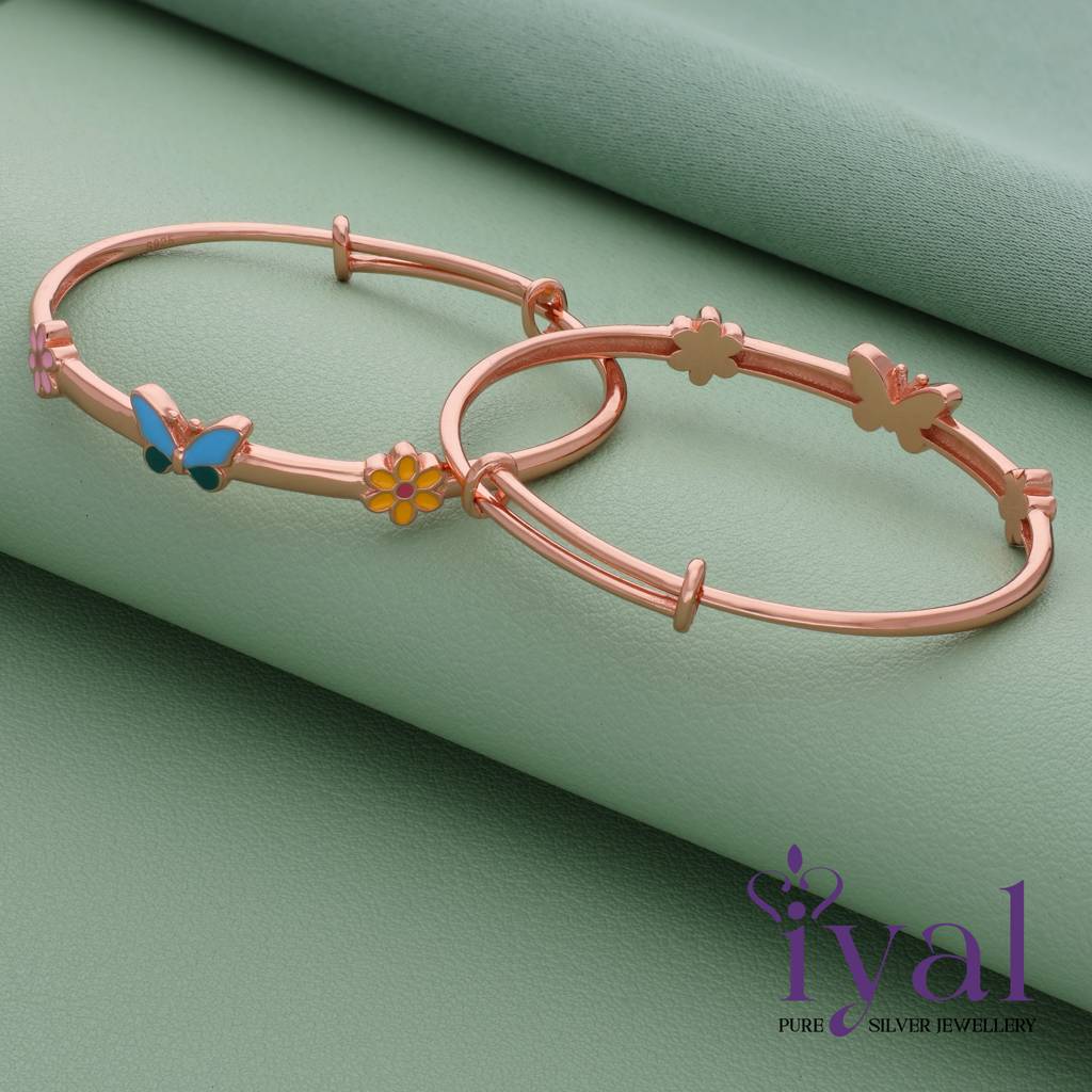 Butterfly Charm 18K Rose Gold Polish 925 Silver Kid Bangle(Pair) : 112