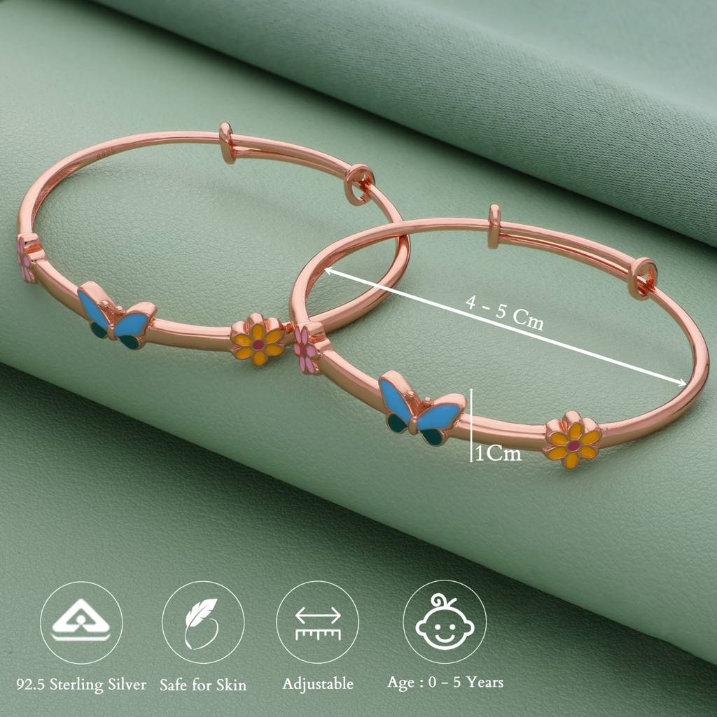 Butterfly Charm 18K Rose Gold Polish 925 Silver Kid Bangle(Pair) : 112