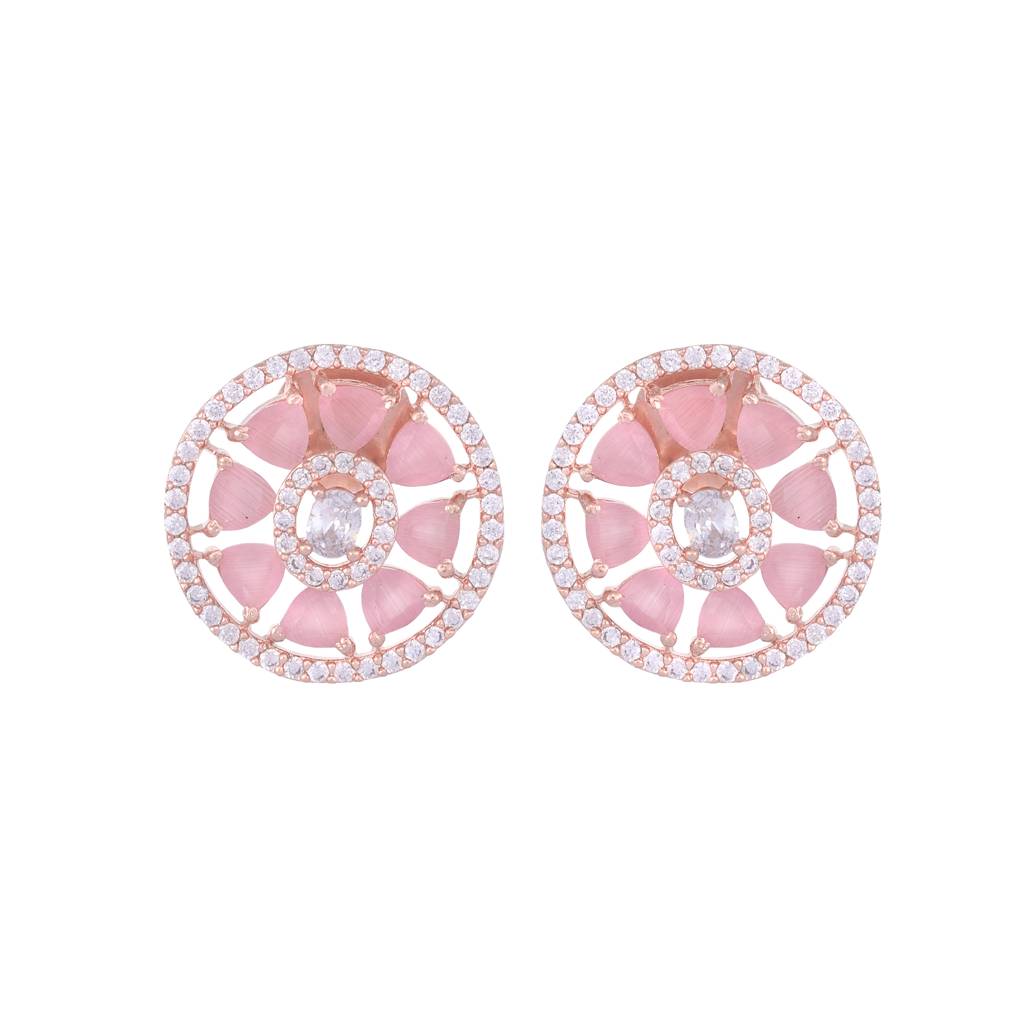 Elegant Pastel Pink Floral Studs Ad Encrusted Rose Gold Plated Small Earrings : SJER1122