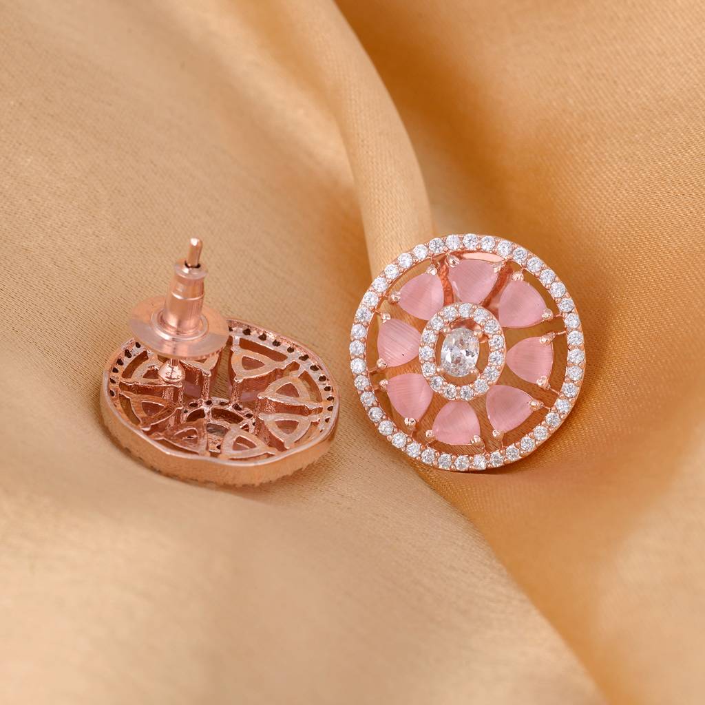 Elegant Pastel Pink Floral Studs Ad Encrusted Rose Gold Plated Small Earrings : SJER1122